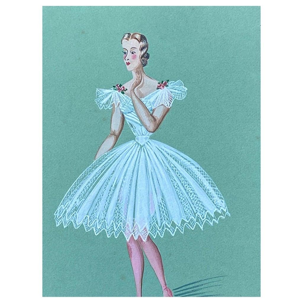 1940's French Fashion Illustration, Stunning Ballerina in White Dress circa 1940s: Title: "1940's French Fashion Illustration, Stunning Ballerina in White Dress circa 1940s" Description: Very stylish, unique and original 1940's fashion design by French illustrator Geneviève Tho