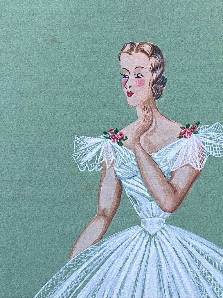 1940's French Fashion Illustration, Stunning Ballerina in White Dress circa 1940s - 3