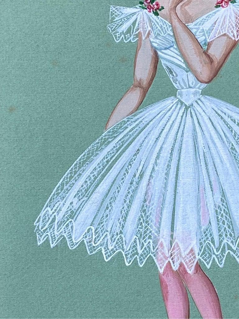 1940's French Fashion Illustration, Stunning Ballerina in White Dress circa 1940s - 6