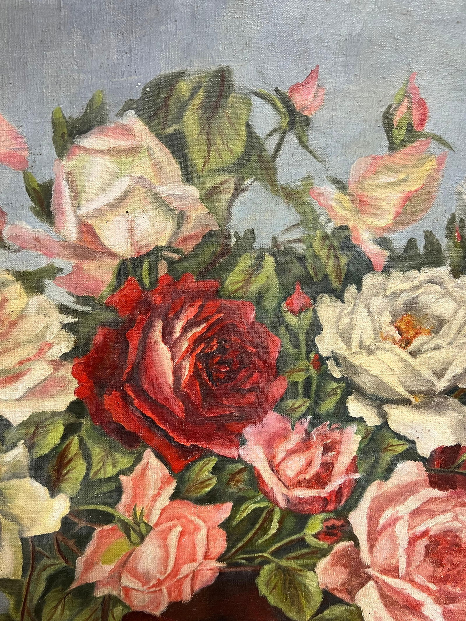 1940's French Floral Still Life Pink Red Roses in Brown Vase Oil Painting 1940''s - 6