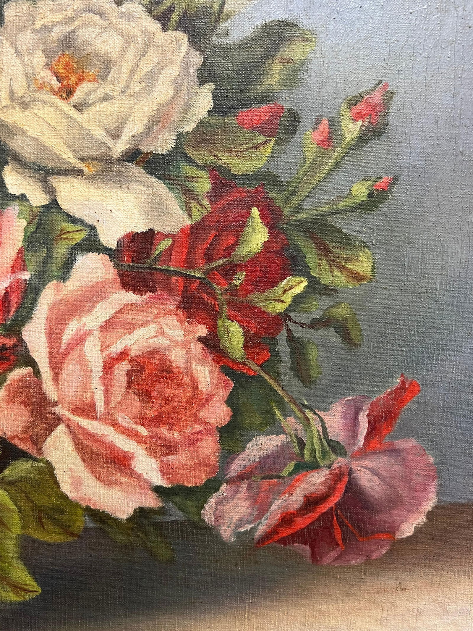 1940's French Floral Still Life Pink Red Roses in Brown Vase Oil Painting 1940''s - 8