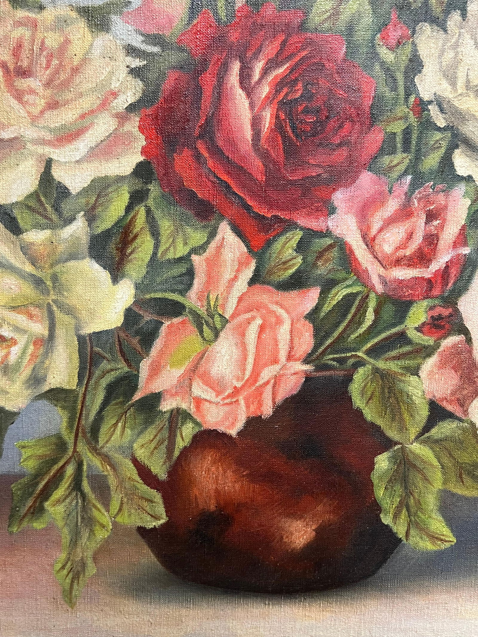 1940's French Floral Still Life Pink Red Roses in Brown Vase Oil Painting 1940''s - 9