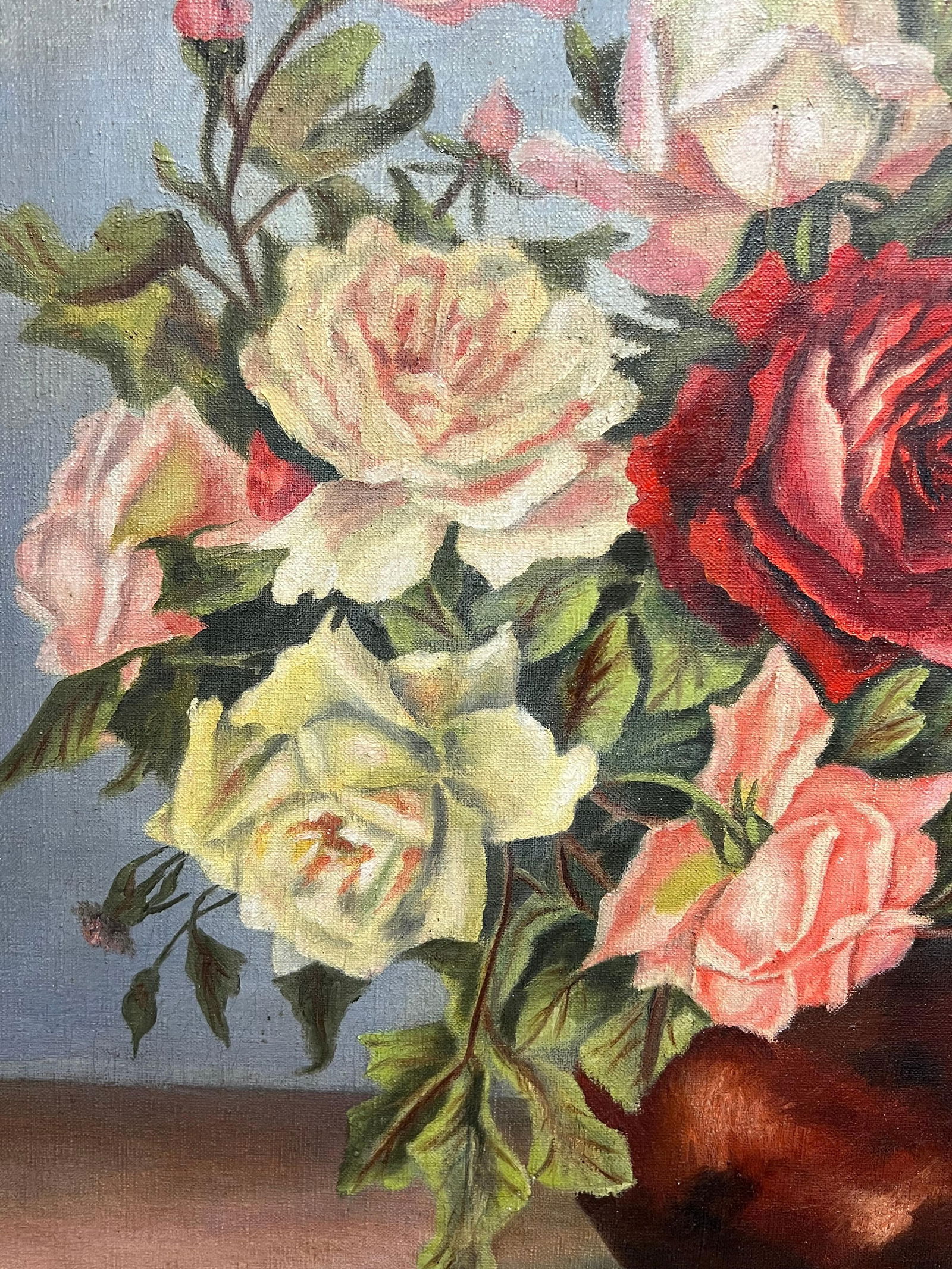 1940's French Floral Still Life Pink Red Roses in Brown Vase Oil Painting 1940''s - 10