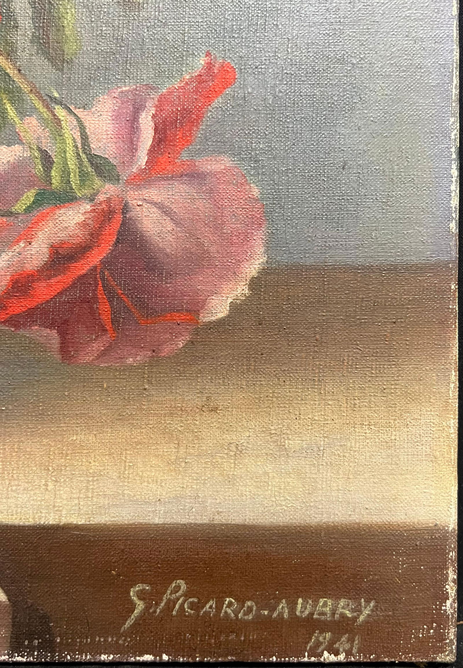 1940's French Floral Still Life Pink Red Roses in Brown Vase Oil Painting 1940''s - 11