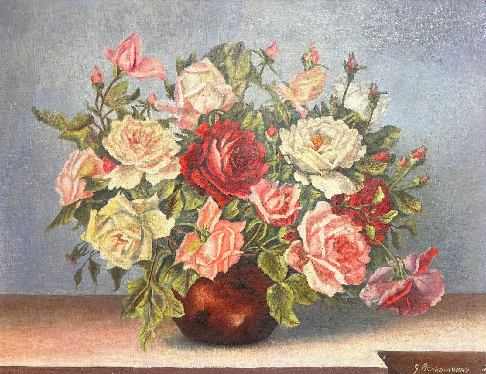 1940's French Floral Still Life Pink Red Roses in Brown Vase Oil Painting 1940''s (1 of 16)