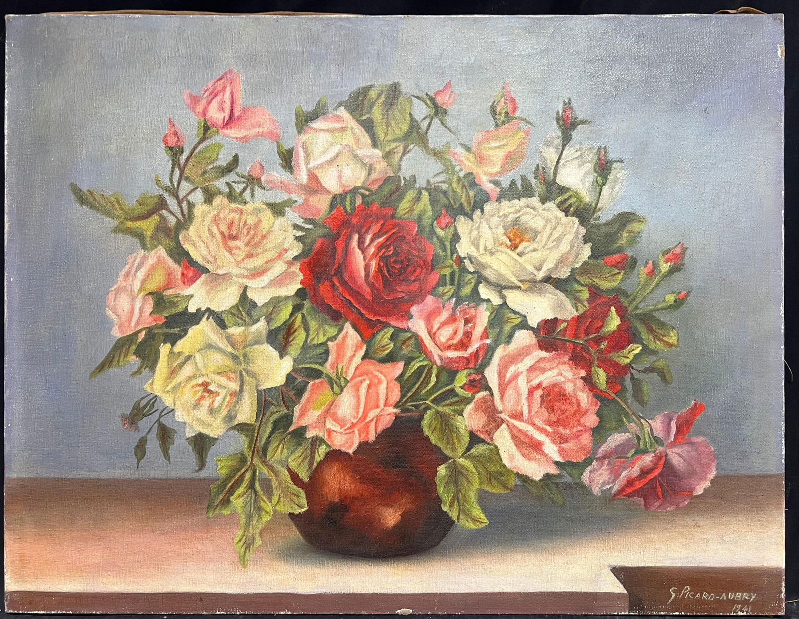 1940's French Floral Still Life Pink Red Roses in Brown Vase Oil Painting 1940''s - 4