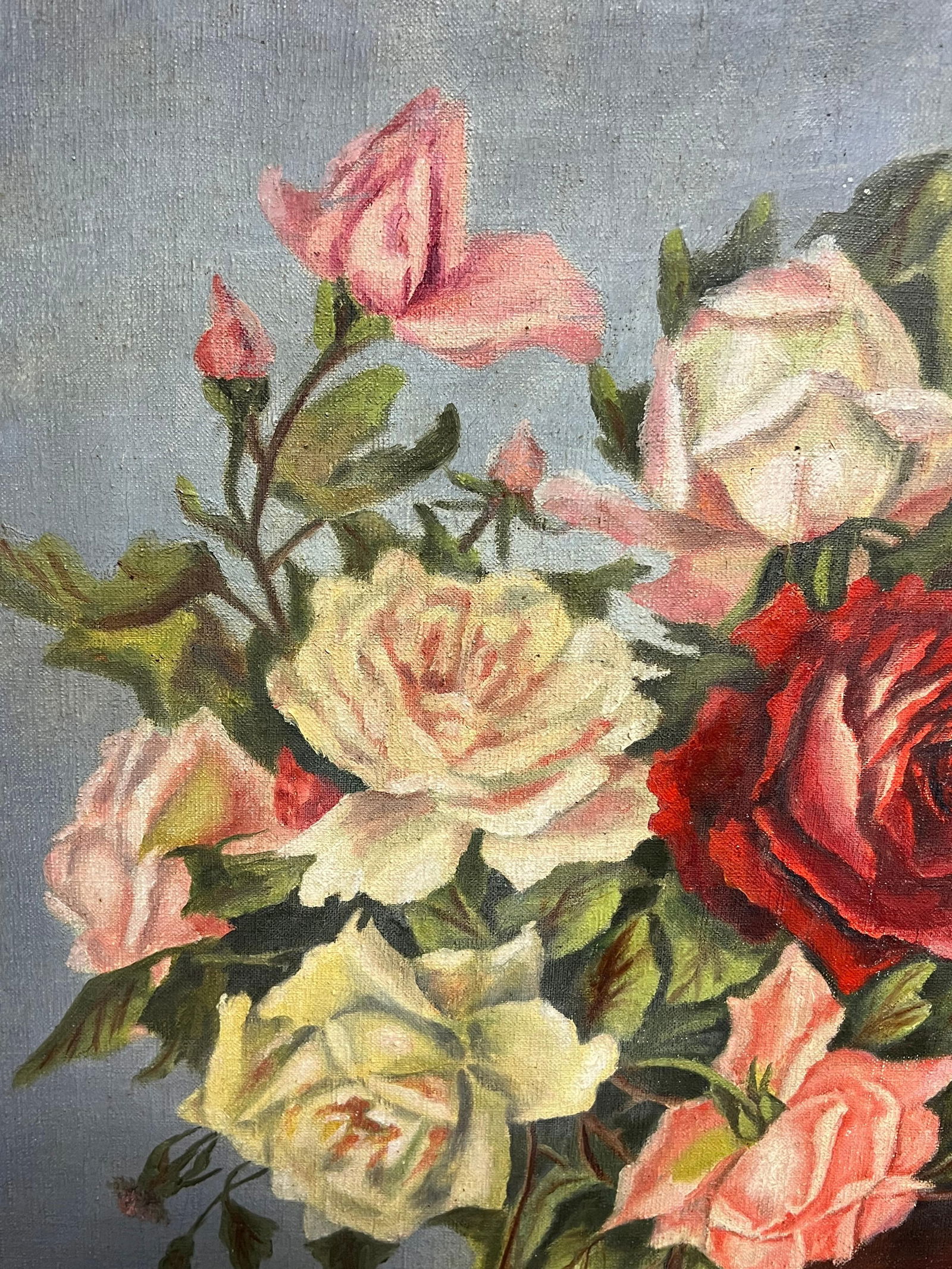 1940's French Floral Still Life Pink Red Roses in Brown Vase Oil Painting 1940''s - 5