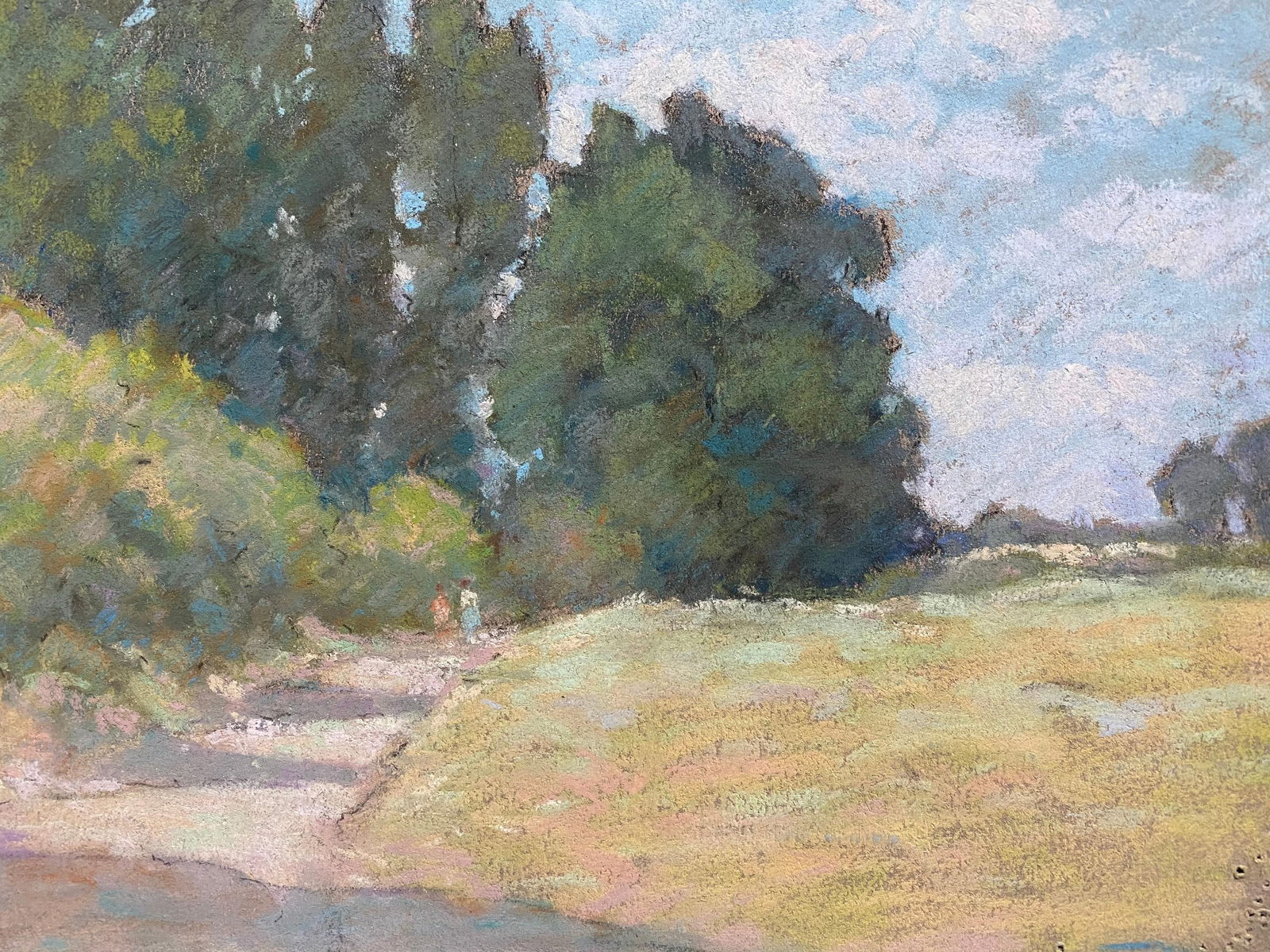 1940's French Impressionist Pastel Sunlit Countryside Pathway by Woods circa 1940s - 11