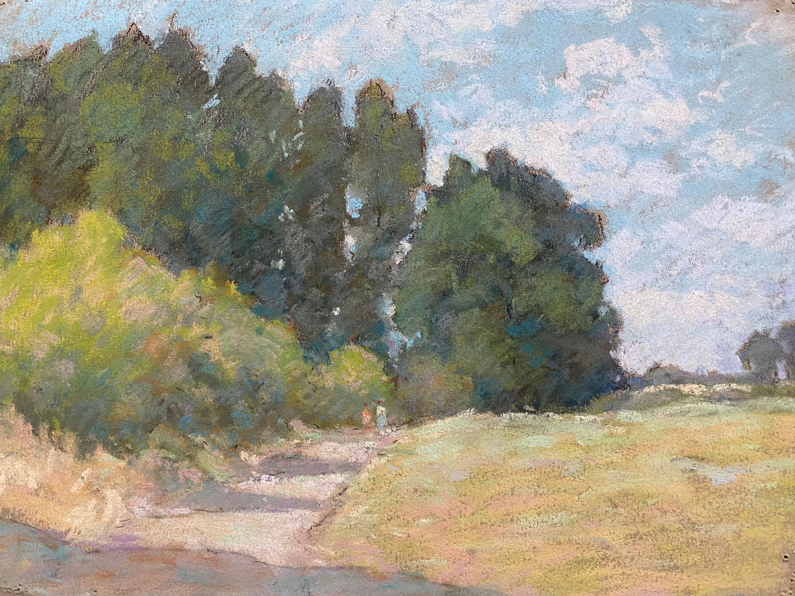 1940's French Impressionist Pastel Sunlit Countryside Pathway by Woods circa 1940s - 16