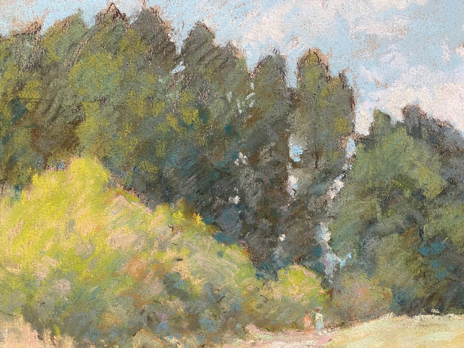 1940's French Impressionist Pastel Sunlit Countryside Pathway by Woods circa 1940s - 17