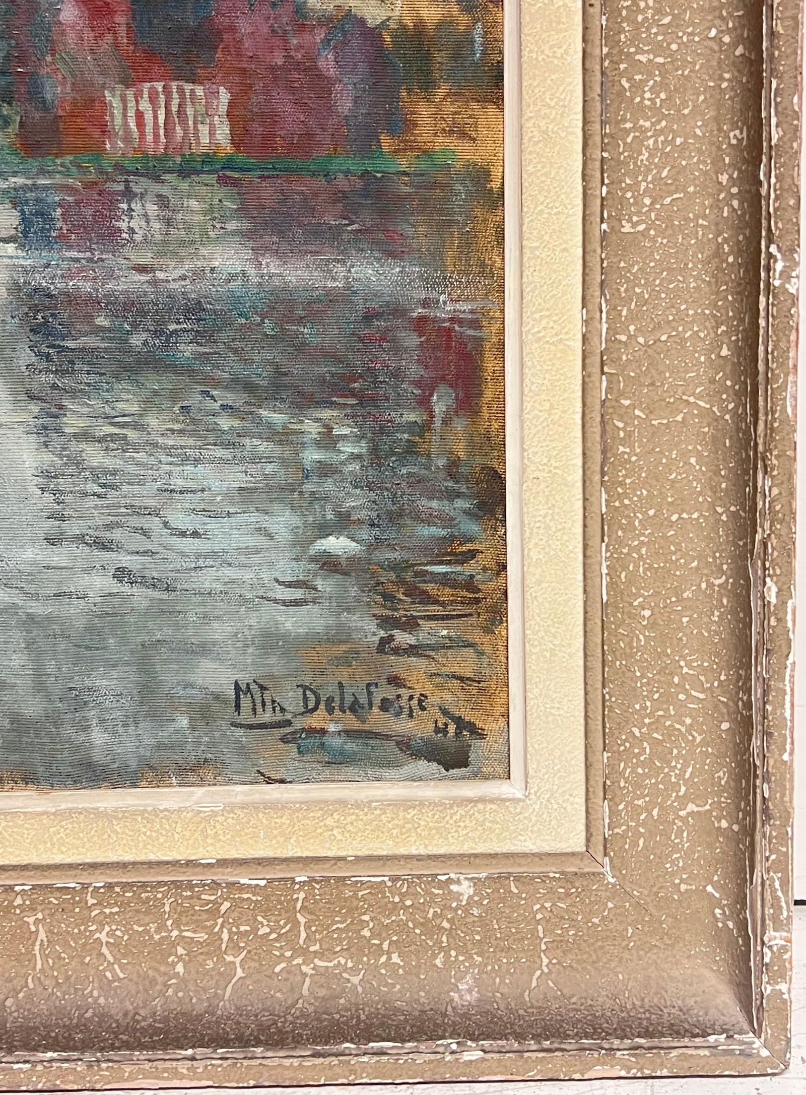 1940's French Impressionist Signed Oil Atmospheric Moody River Scene & Boats 1940's - 8