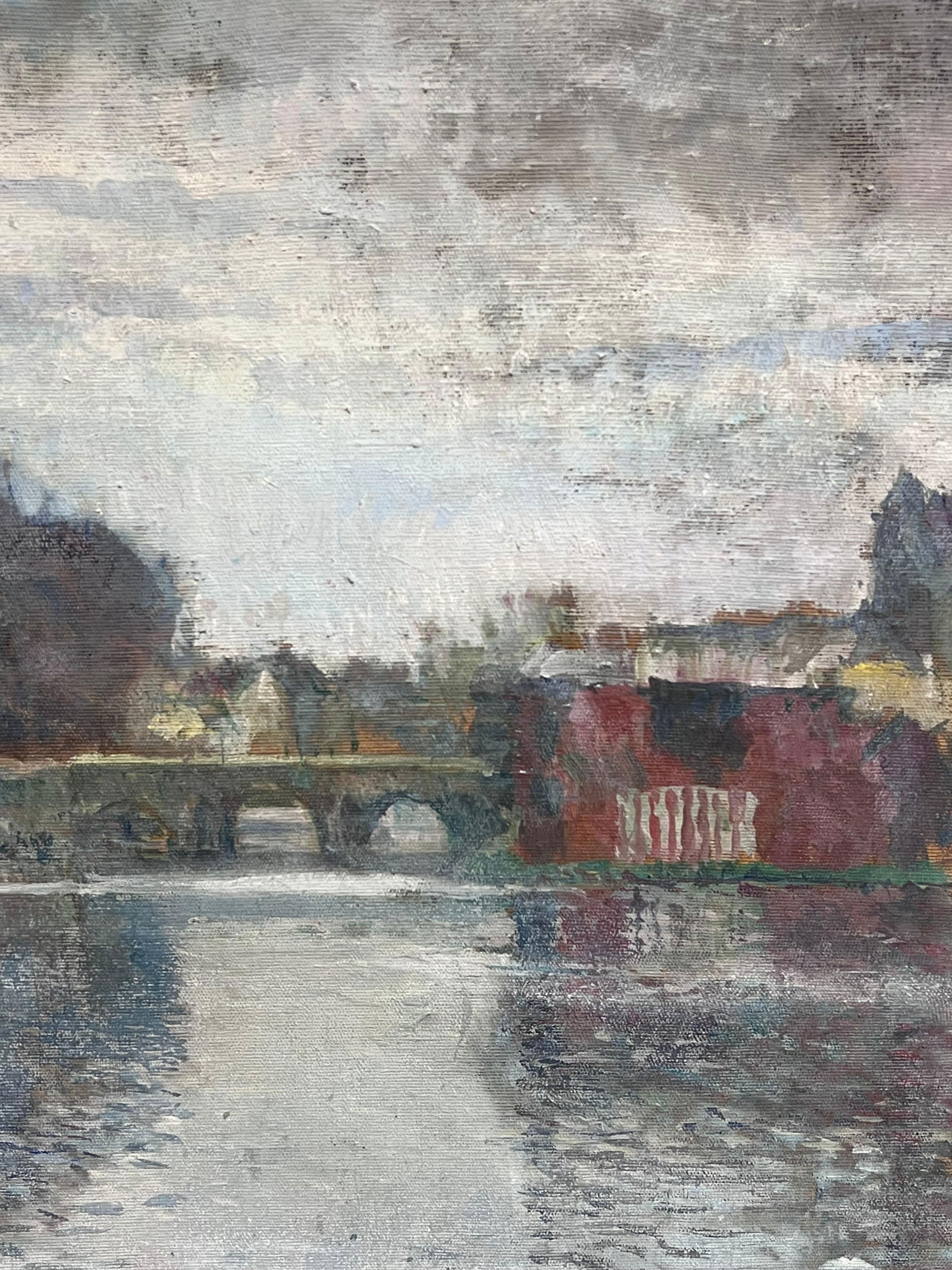 1940's French Impressionist Signed Oil Atmospheric Moody River Scene & Boats 1940's - 9
