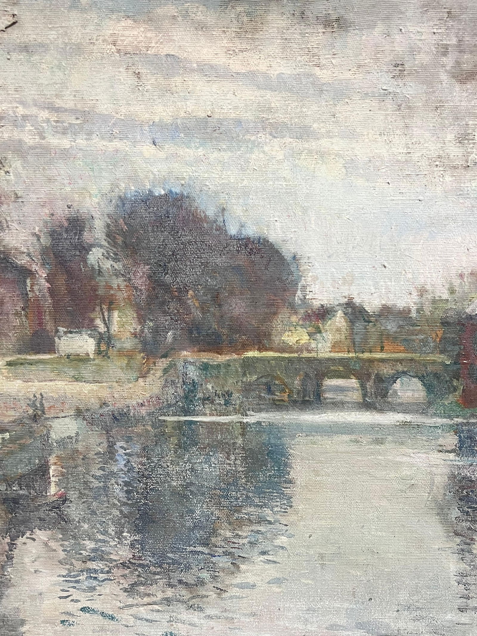 1940's French Impressionist Signed Oil Atmospheric Moody River Scene & Boats 1940's - 11