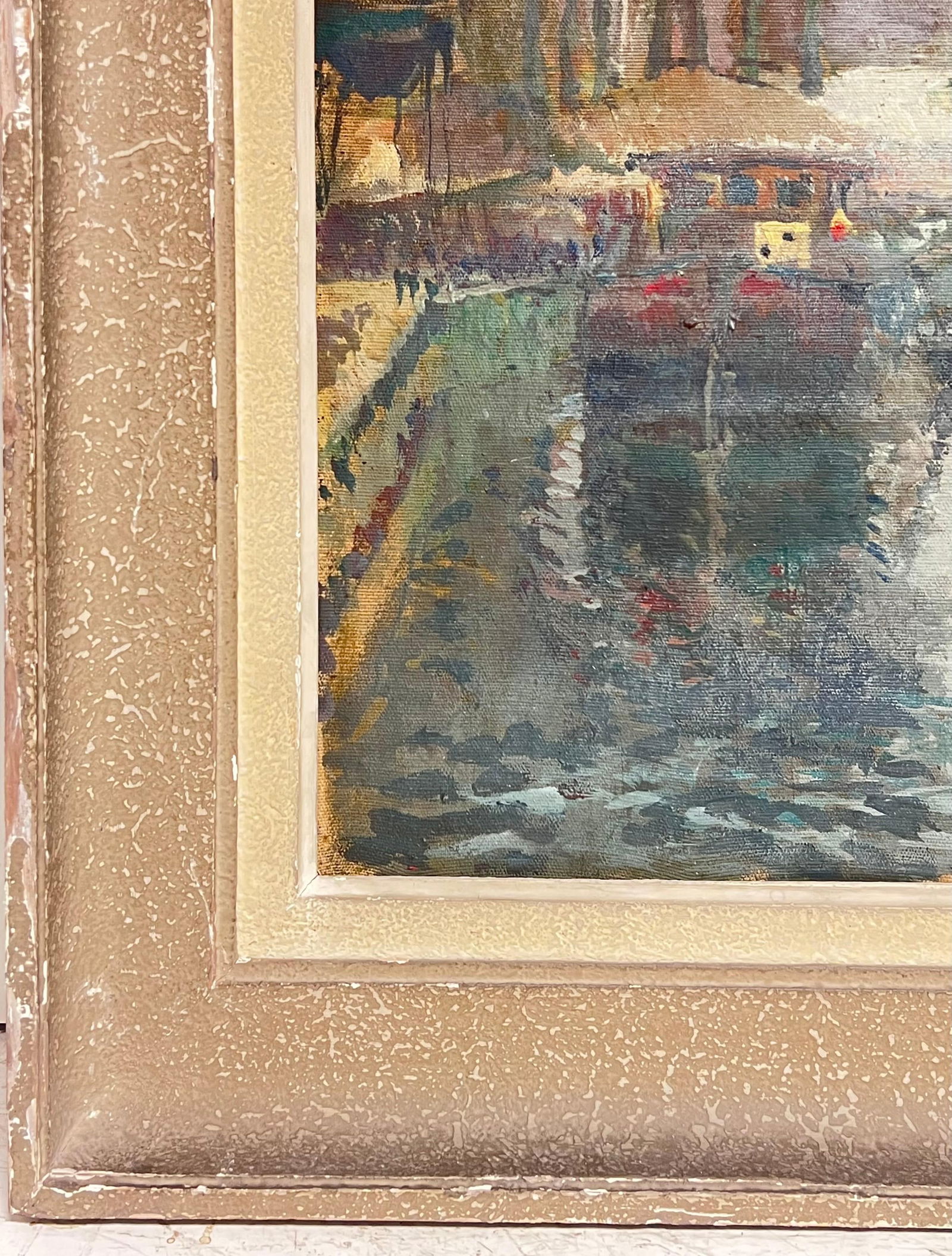 1940's French Impressionist Signed Oil Atmospheric Moody River Scene & Boats 1940's - 12