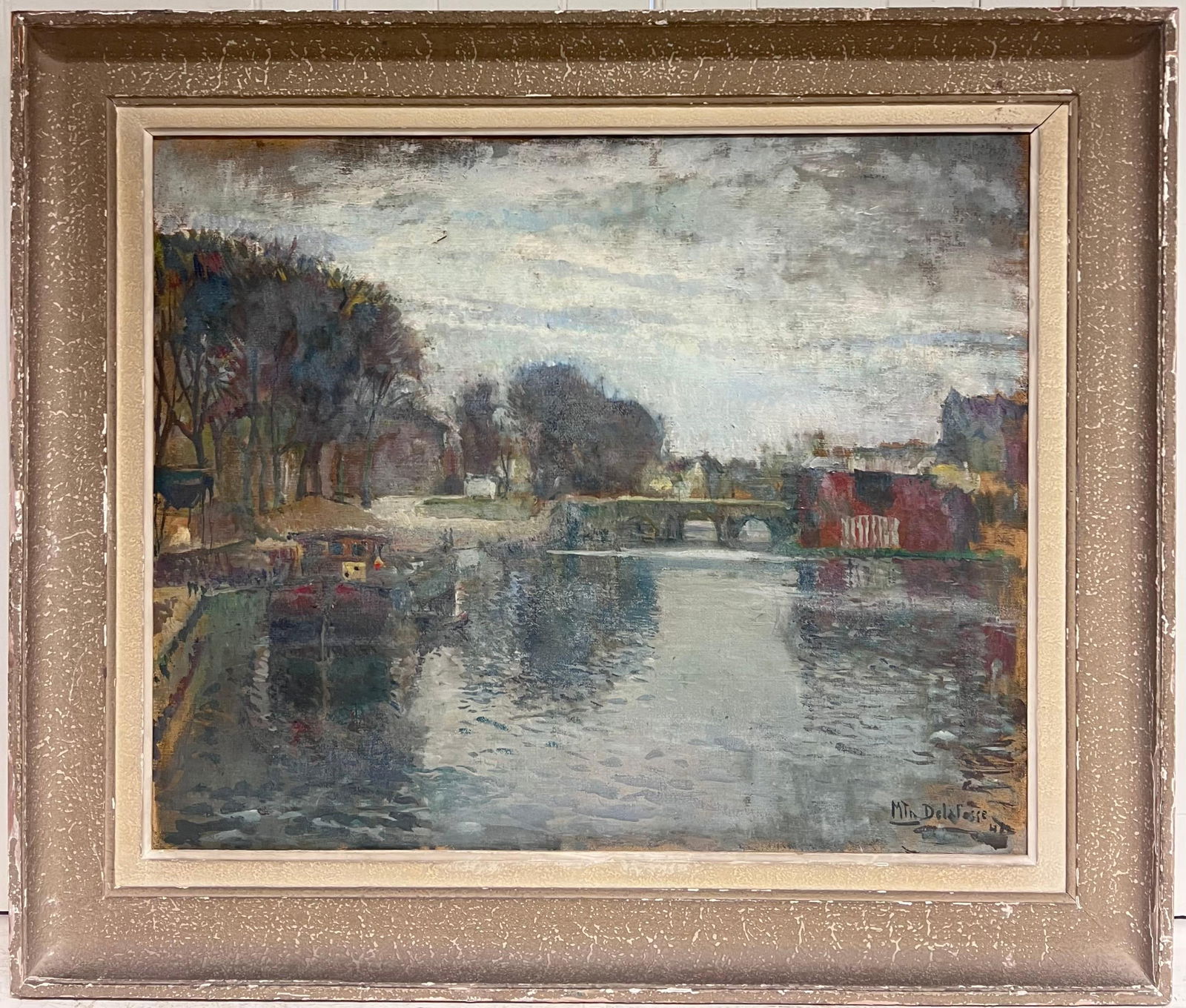 1940's French Impressionist Signed Oil Atmospheric Moody River Scene & Boats 1940's (1 of 13)