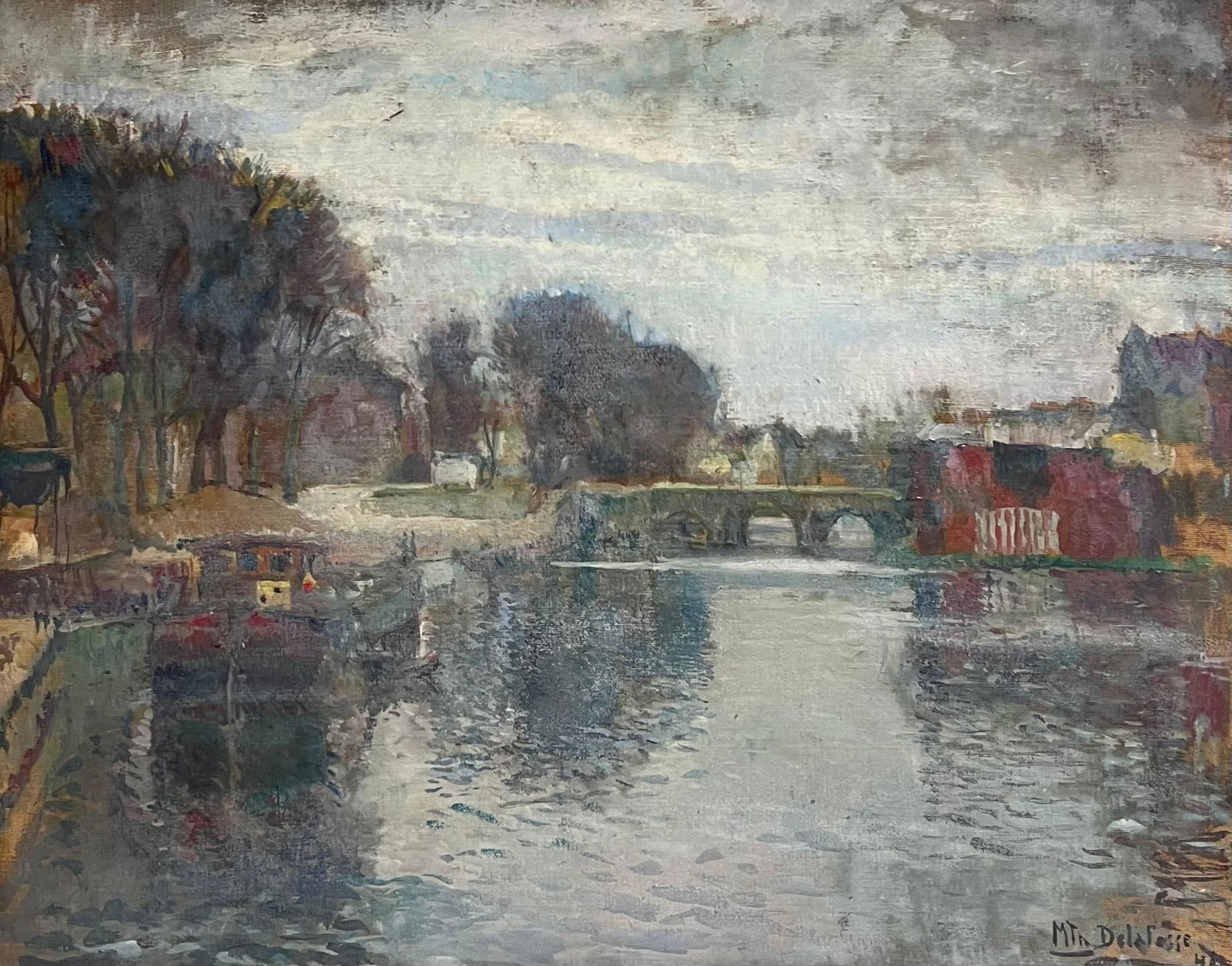 1940's French Impressionist Signed Oil Atmospheric Moody River Scene & Boats 1940's - 4