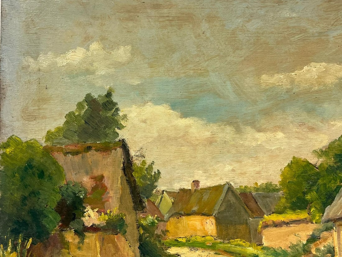 1940's French Impressionist Signed Oil Green Fields Village Lane Old Houses 1948 - 9