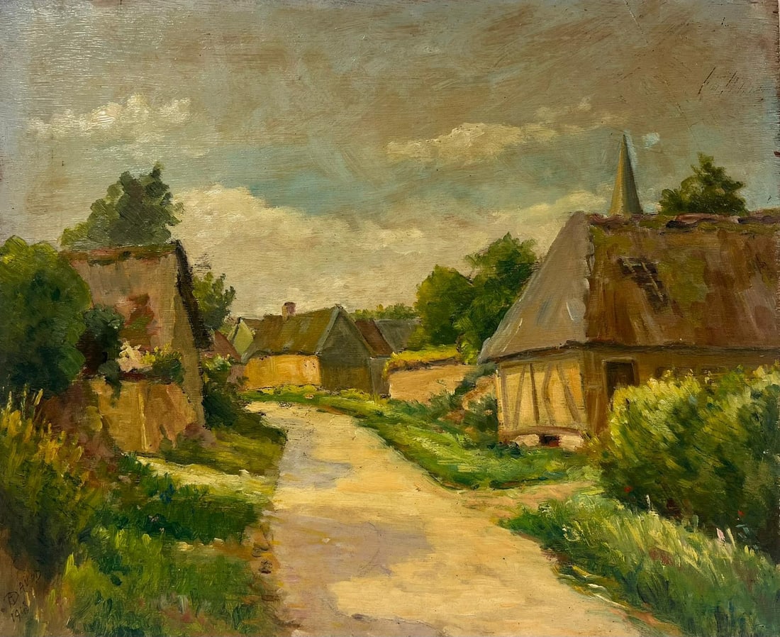 1940's French Impressionist Signed Oil Green Fields Village Lane Old Houses 1948 - 12