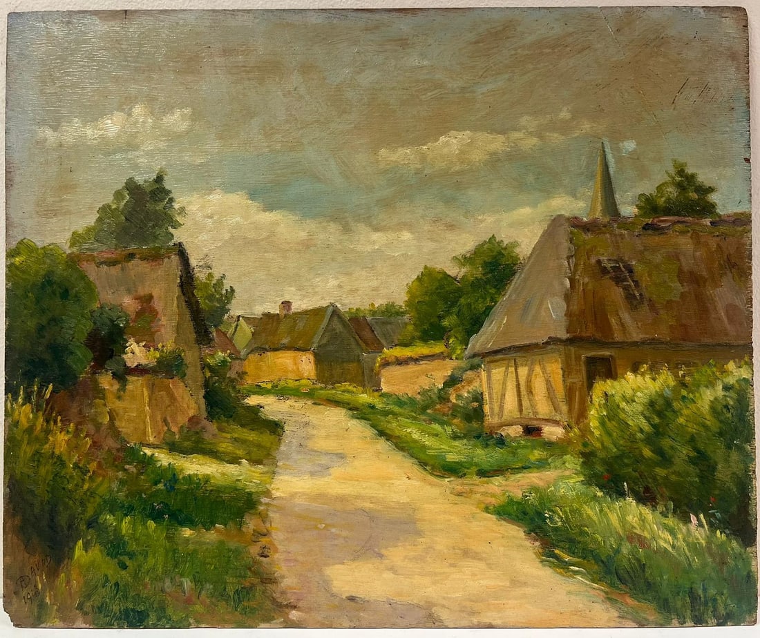 1940's French Impressionist Signed Oil Green Fields Village Lane Old Houses 1948 - 4