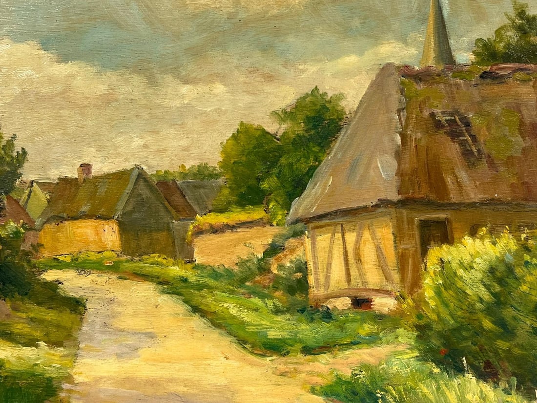 1940's French Impressionist Signed Oil Green Fields Village Lane Old Houses 1948 - 5