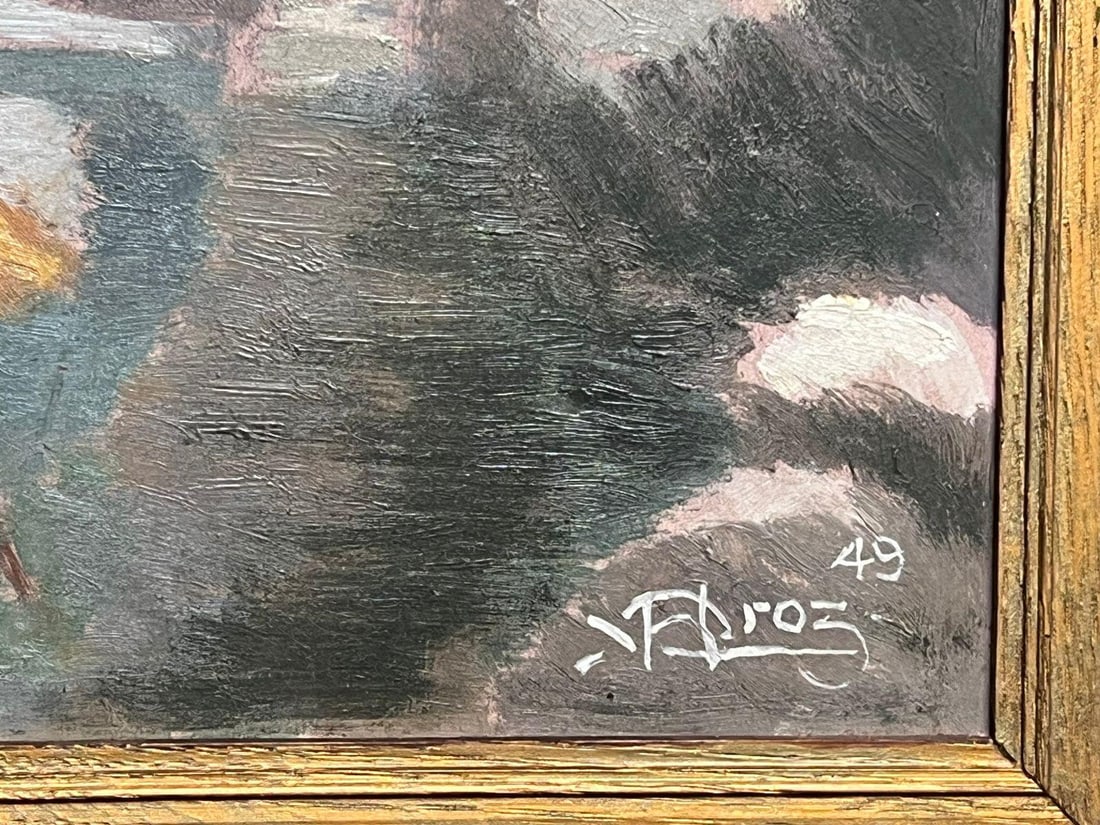 1940's French Impressionist Signed Oil Painting Busy Landscape with Bridge 1940's - 6