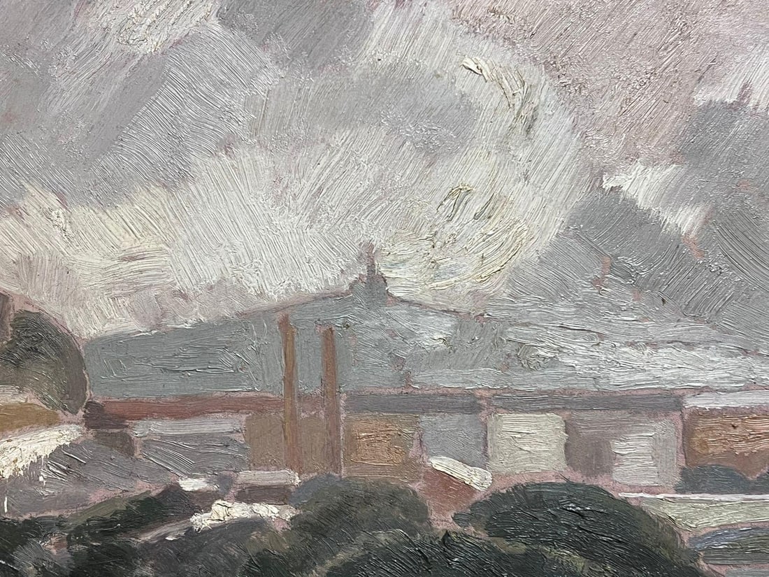 1940's French Impressionist Signed Oil Painting Busy Landscape with Bridge 1940's - 8