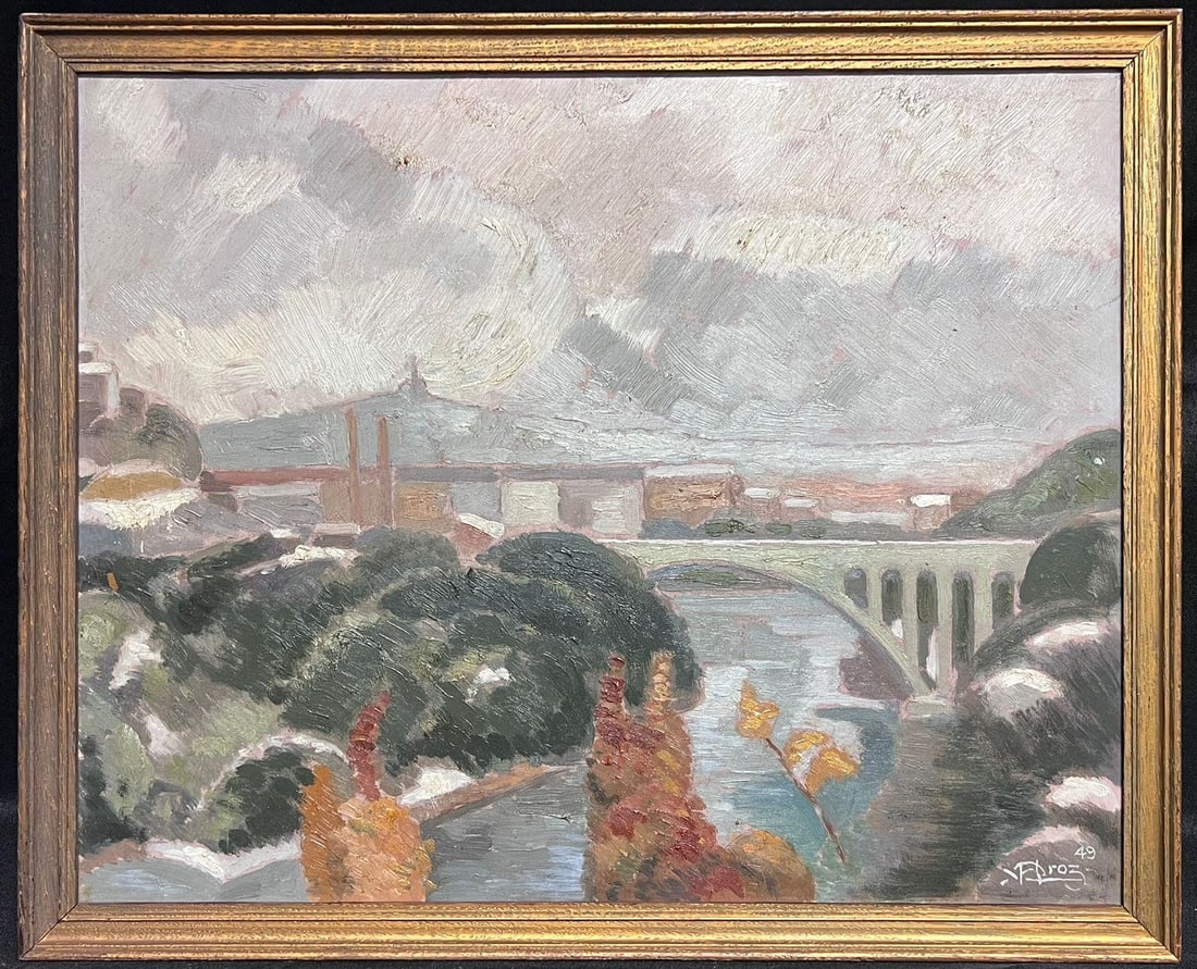 1940's French Impressionist Signed Oil Painting Busy Landscape with Bridge 1940's - 10