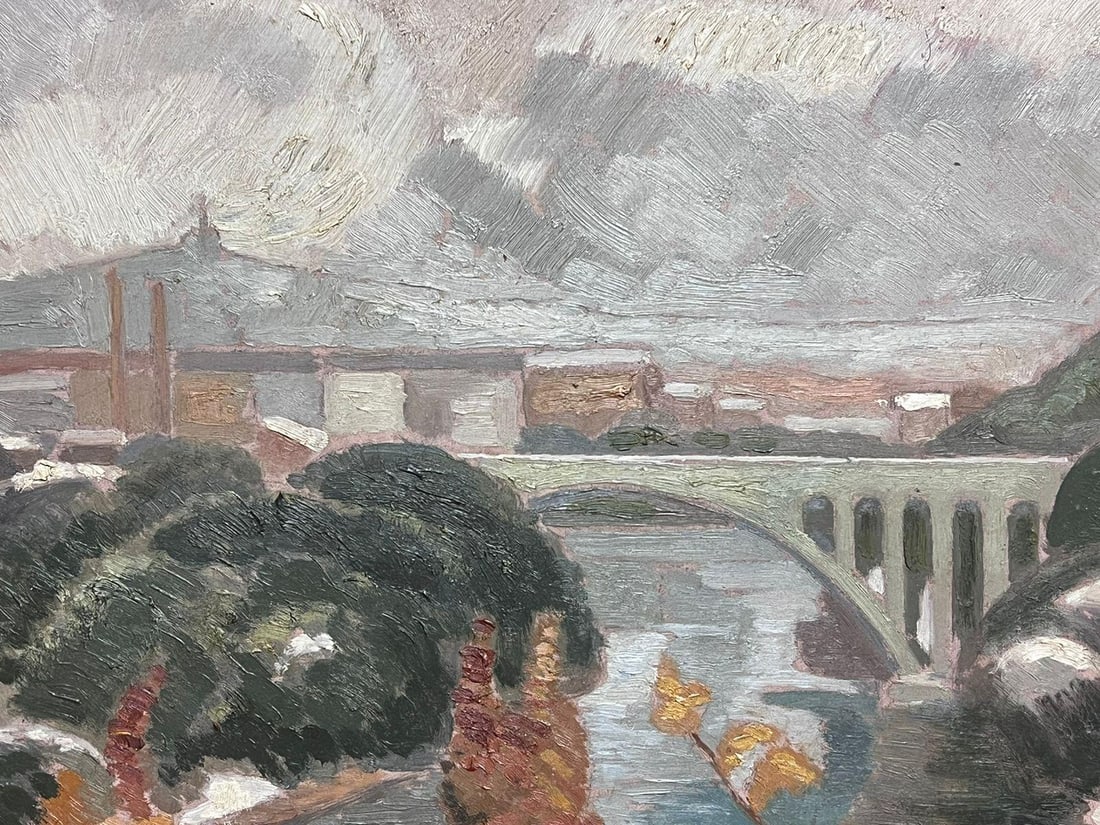 1940's French Impressionist Signed Oil Painting Busy Landscape with Bridge 1940's - 3
