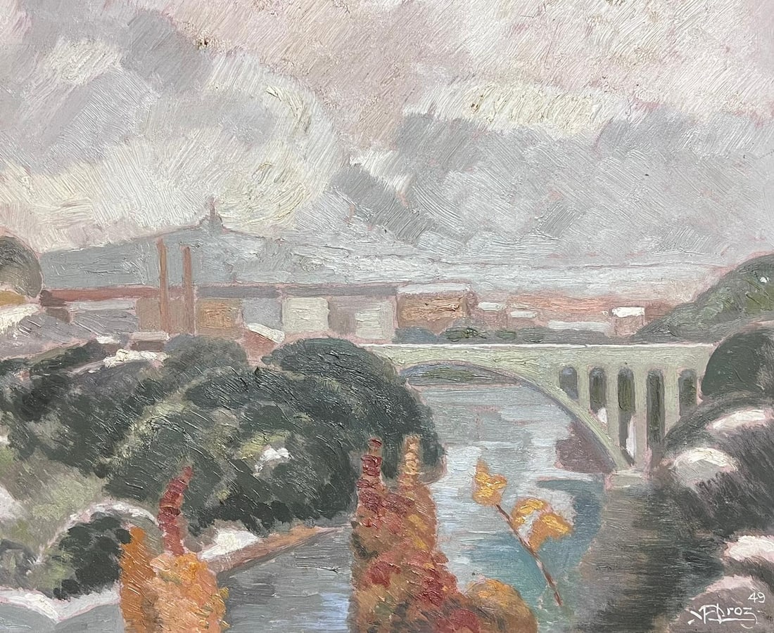 1940's French Impressionist Signed Oil Painting Busy Landscape with Bridge 1940's - 4