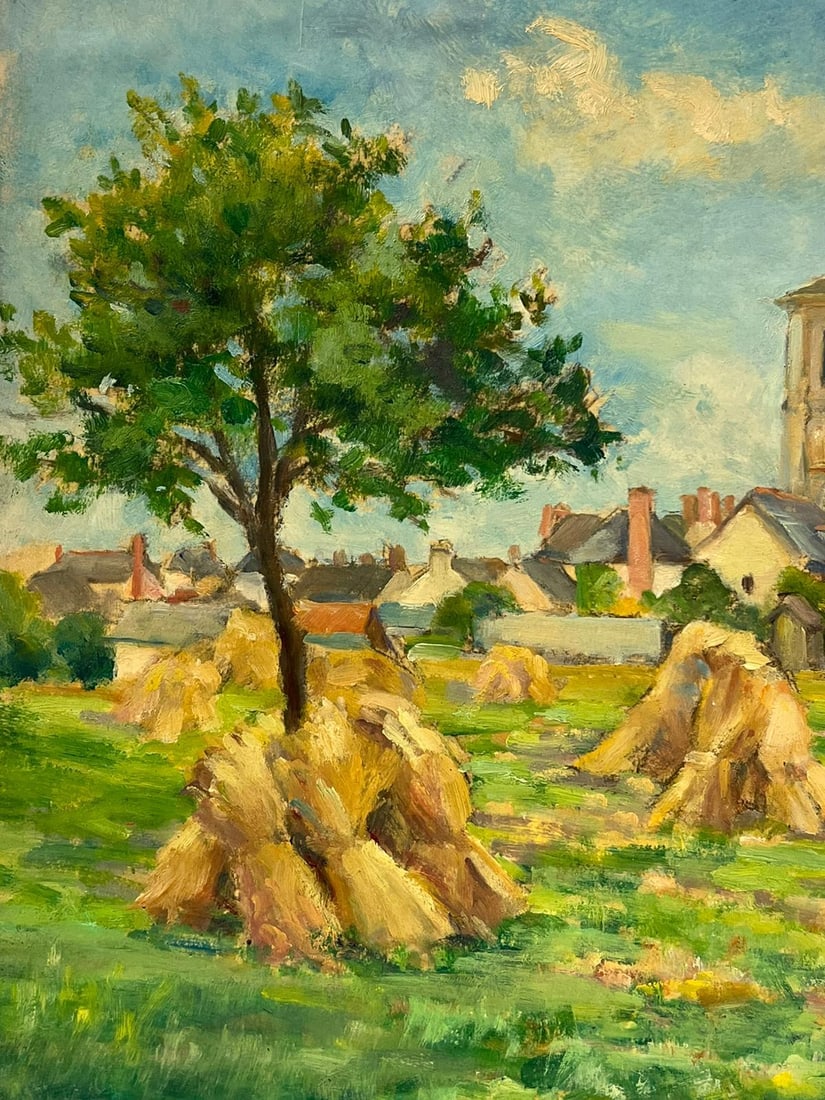 1940's French Impressionist Signed Oil Wheatsheaves in Village Harvest Field 1945 - 6