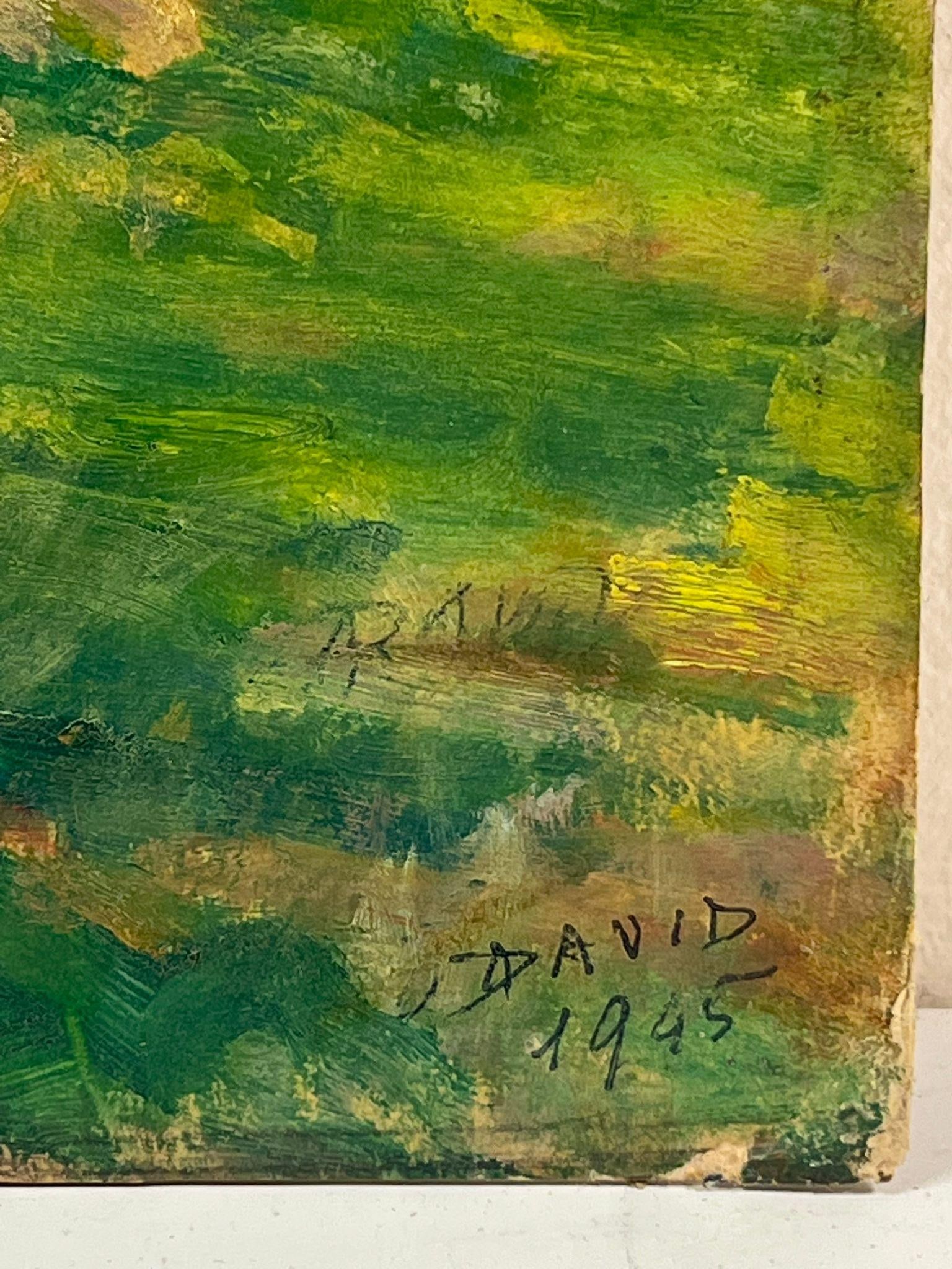 1940's French Impressionist Signed Oil Wheatsheaves in Village Harvest Field 1945 - 7