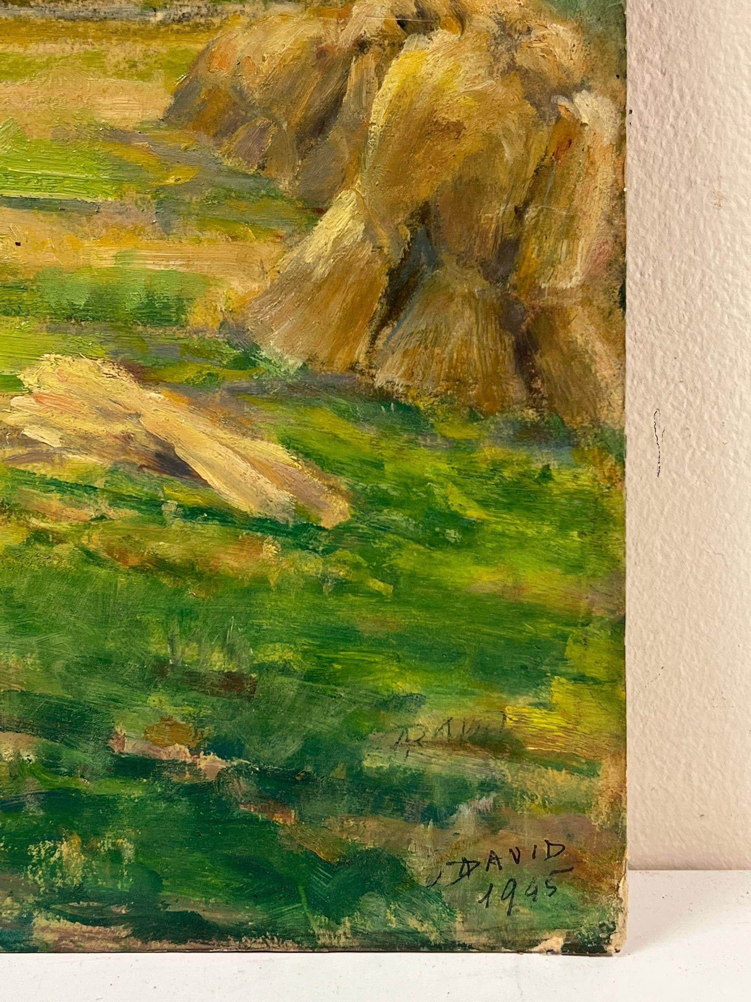 1940's French Impressionist Signed Oil Wheatsheaves in Village Harvest Field 1945 - 8