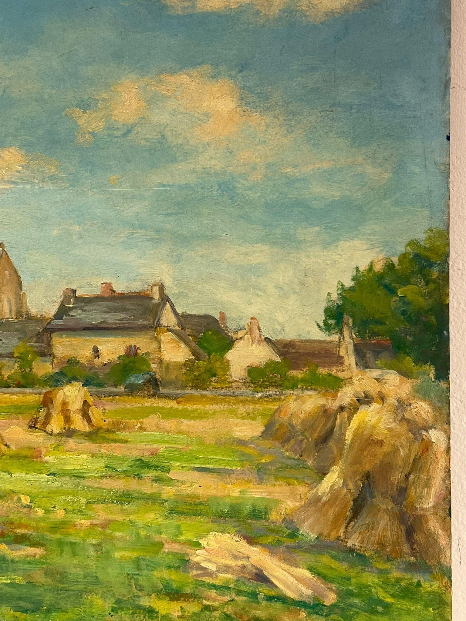 1940's French Impressionist Signed Oil Wheatsheaves in Village Harvest Field 1945 - 9