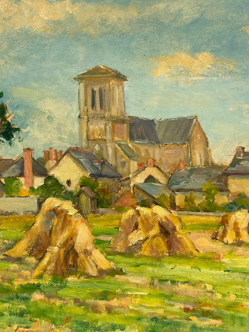 1940's French Impressionist Signed Oil Wheatsheaves in Village Harvest Field 1945 - 10
