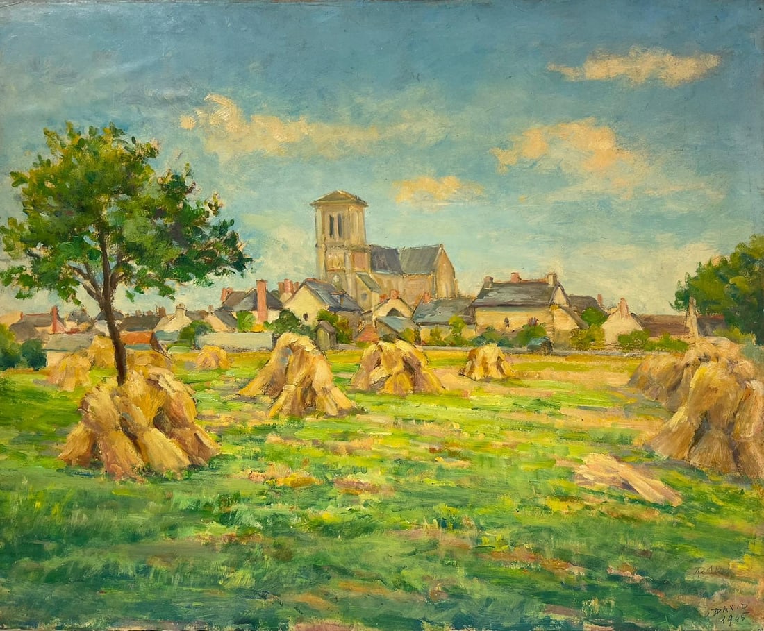 1940's French Impressionist Signed Oil Wheatsheaves in Village Harvest Field 1945 (1 of 13)