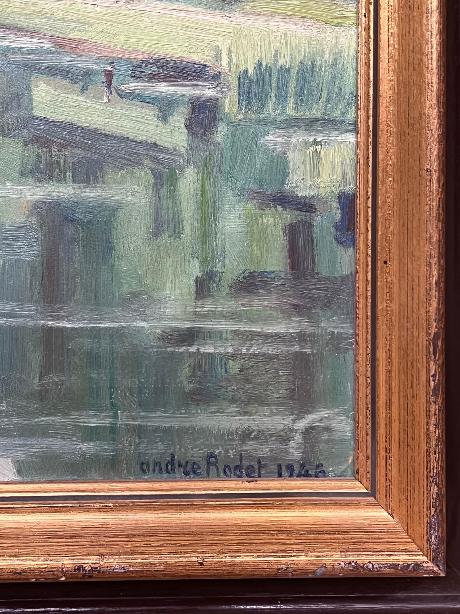 1940's French Modernist Signed Oil Painting Sludgy Green Moody River Landscape 1946 - 6