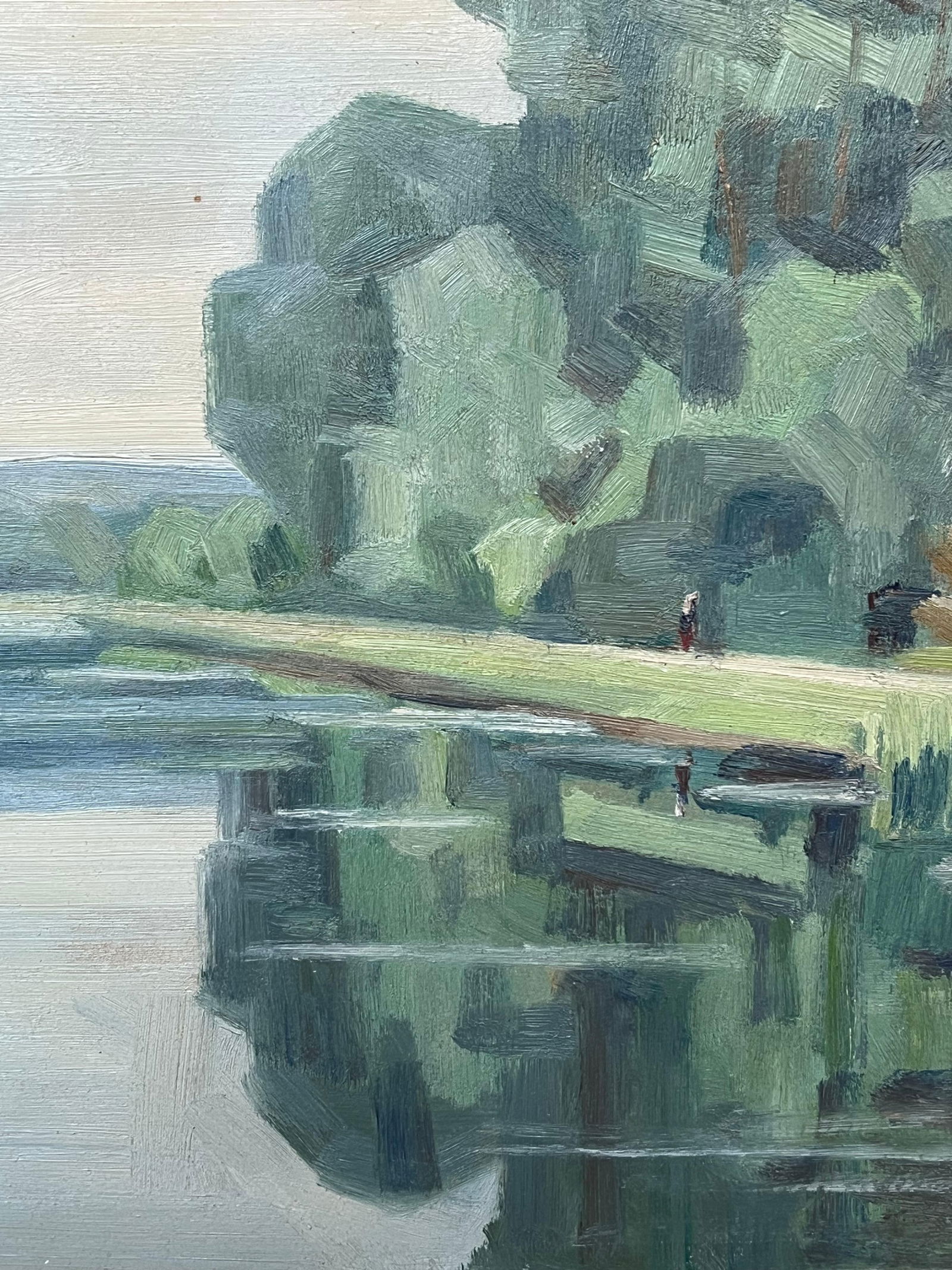 1940's French Modernist Signed Oil Painting Sludgy Green Moody River Landscape 1946 - 7