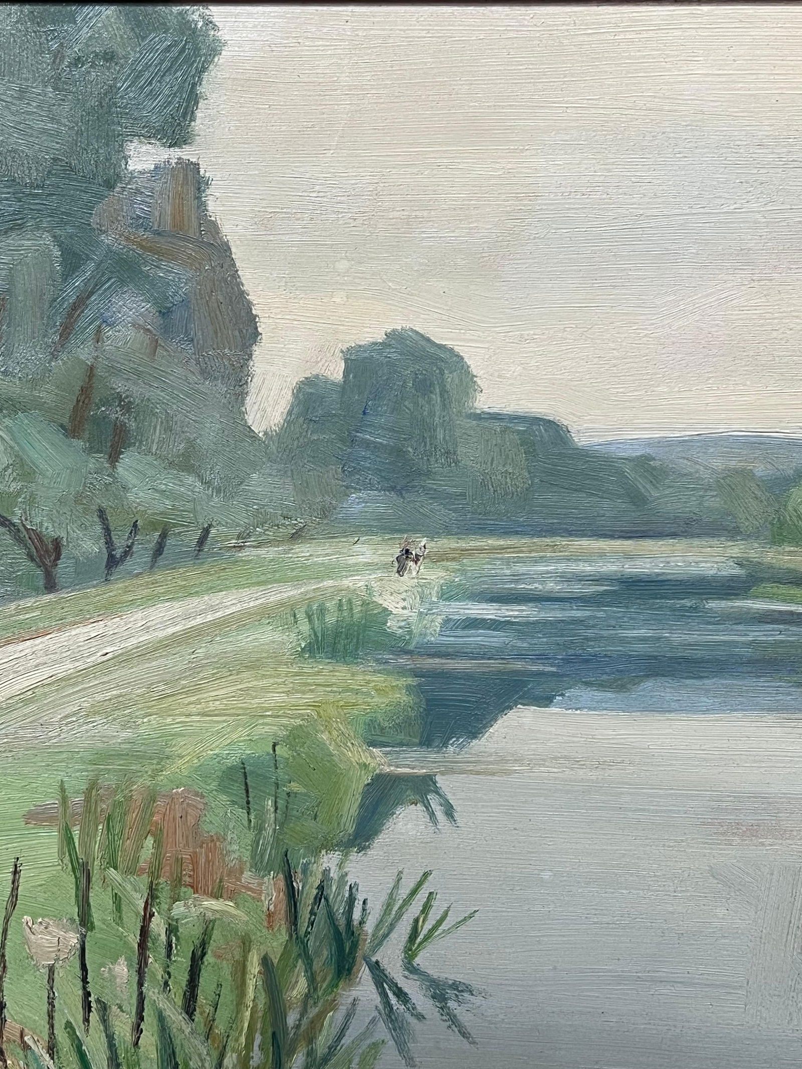 1940's French Modernist Signed Oil Painting Sludgy Green Moody River Landscape 1946 - 8