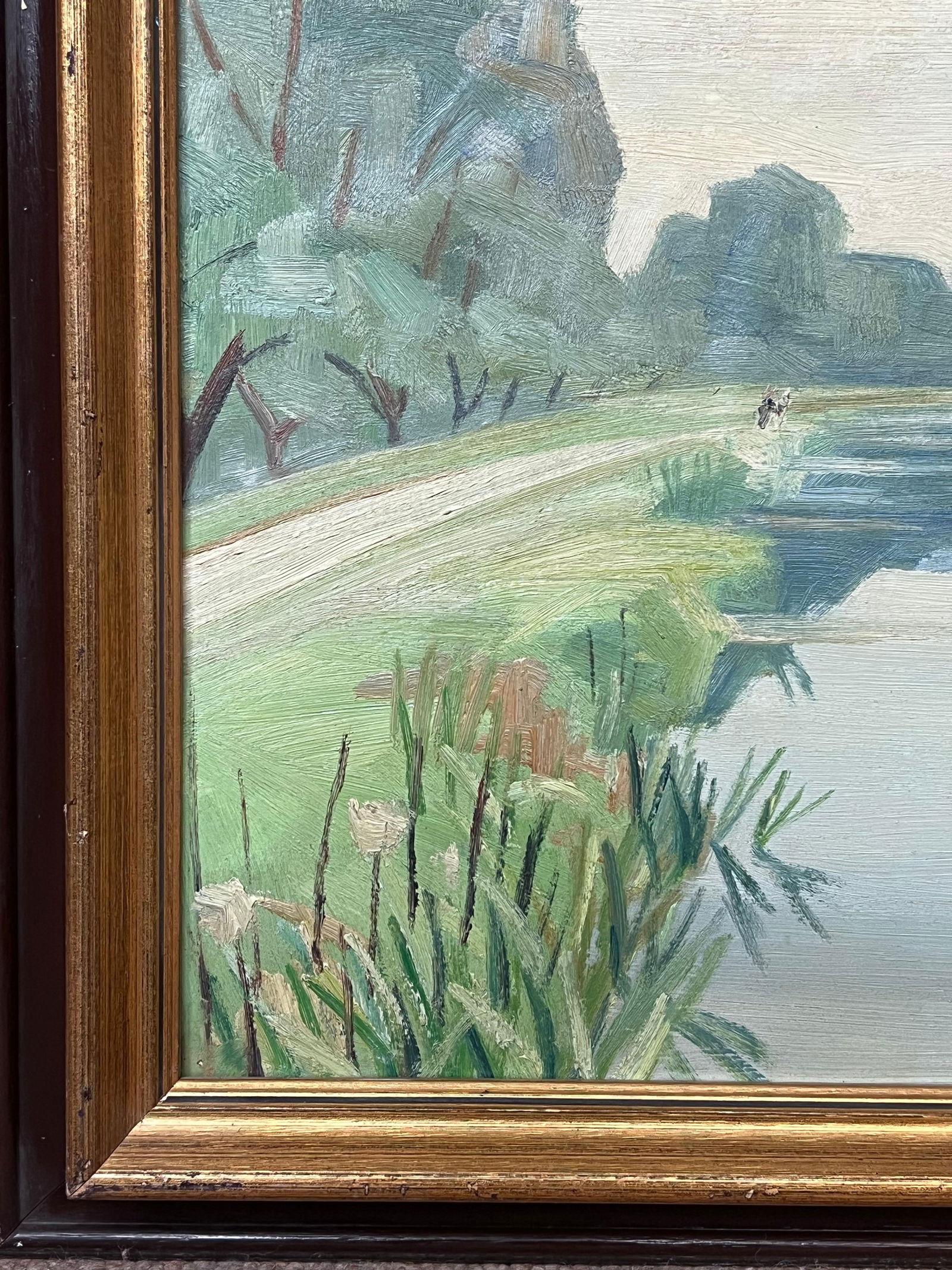 1940's French Modernist Signed Oil Painting Sludgy Green Moody River Landscape 1946 - 9