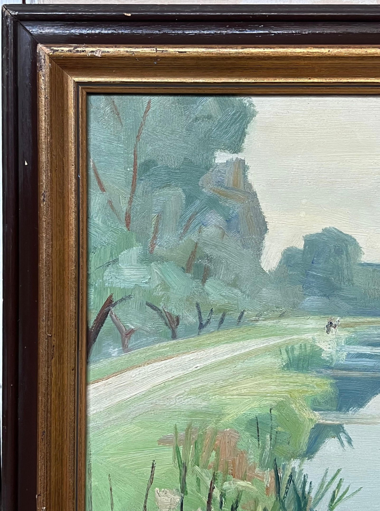 1940's French Modernist Signed Oil Painting Sludgy Green Moody River Landscape 1946 - 10