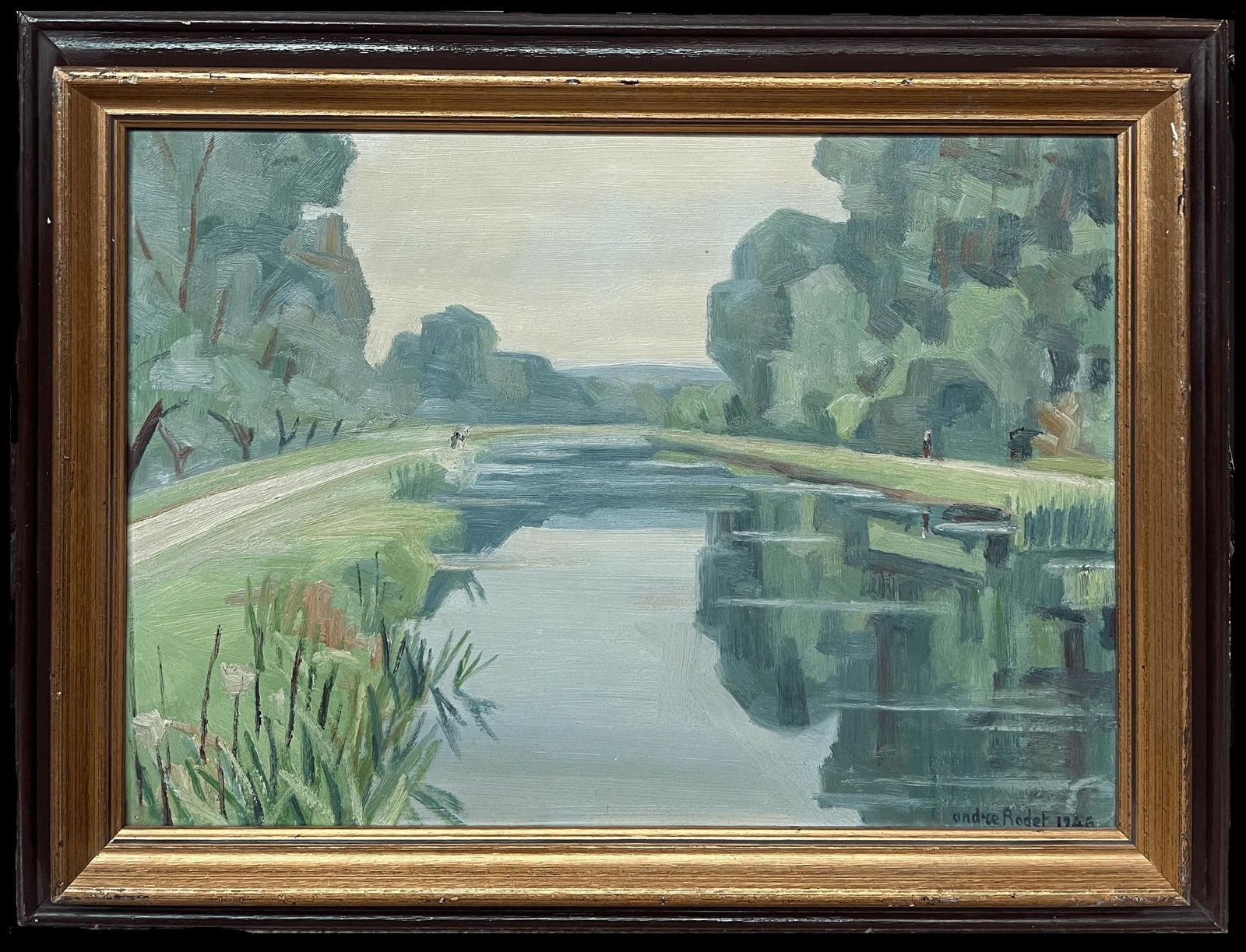 1940's French Modernist Signed Oil Painting Sludgy Green Moody River Landscape 1946 - 13