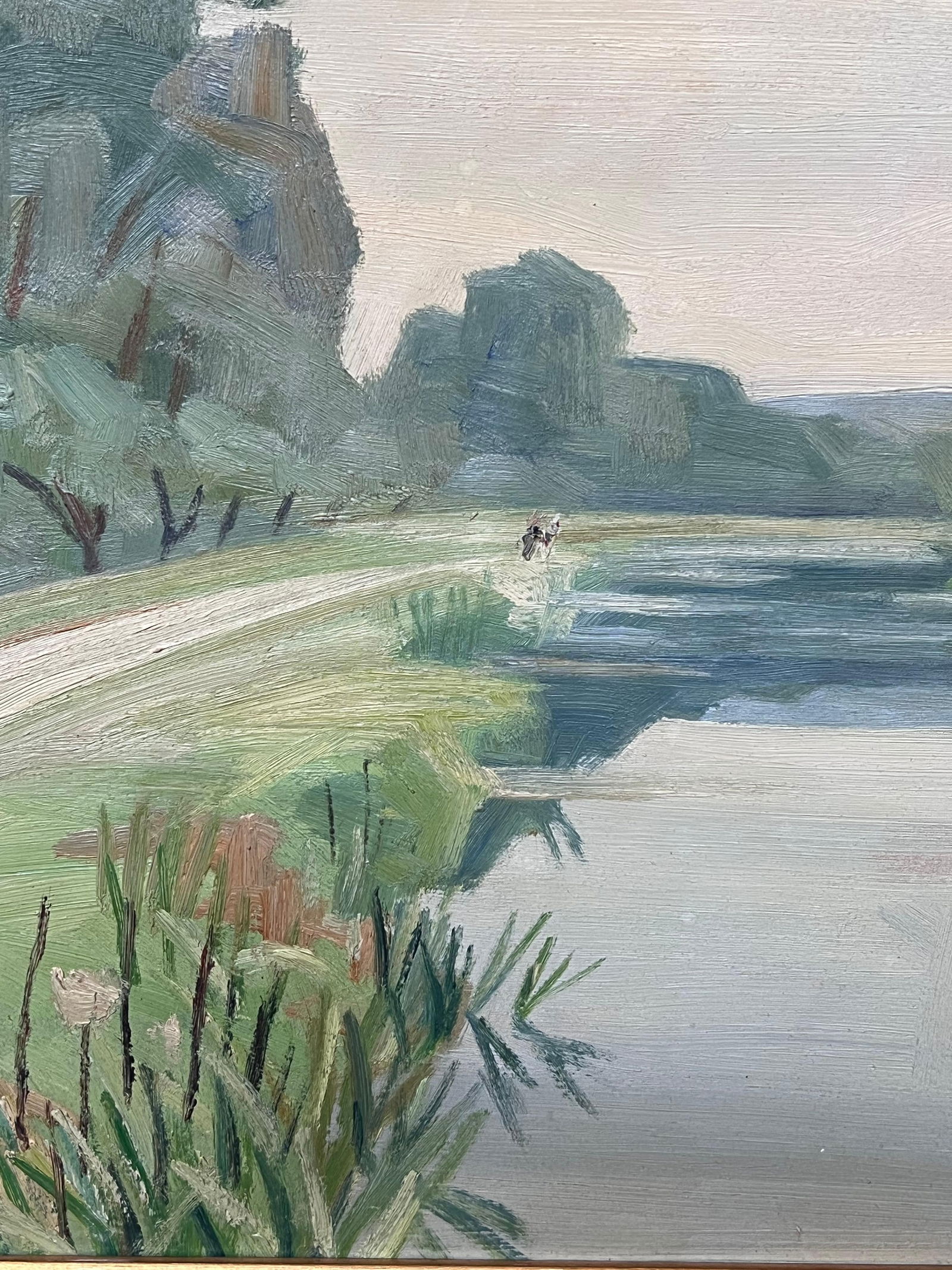 1940's French Modernist Signed Oil Painting Sludgy Green Moody River Landscape 1946 - 2