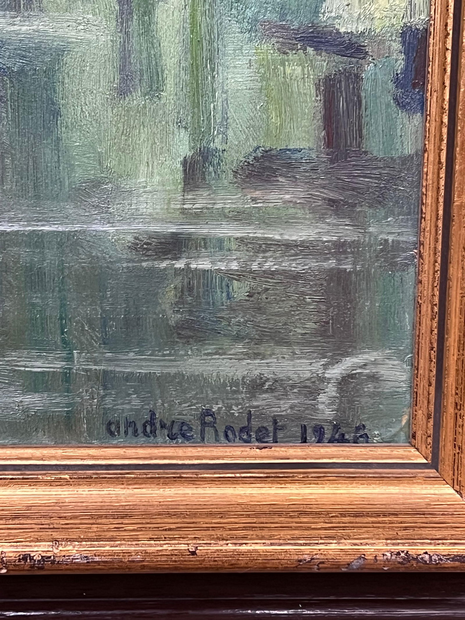 1940's French Modernist Signed Oil Painting Sludgy Green Moody River Landscape 1946 - 5