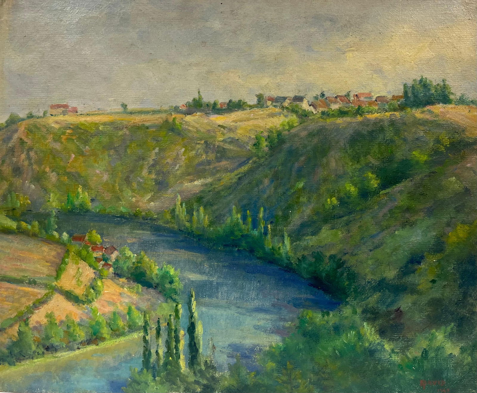 1940's French River Valley Lush Green Colors Signed Oil Painting 1949 (1 of 13)