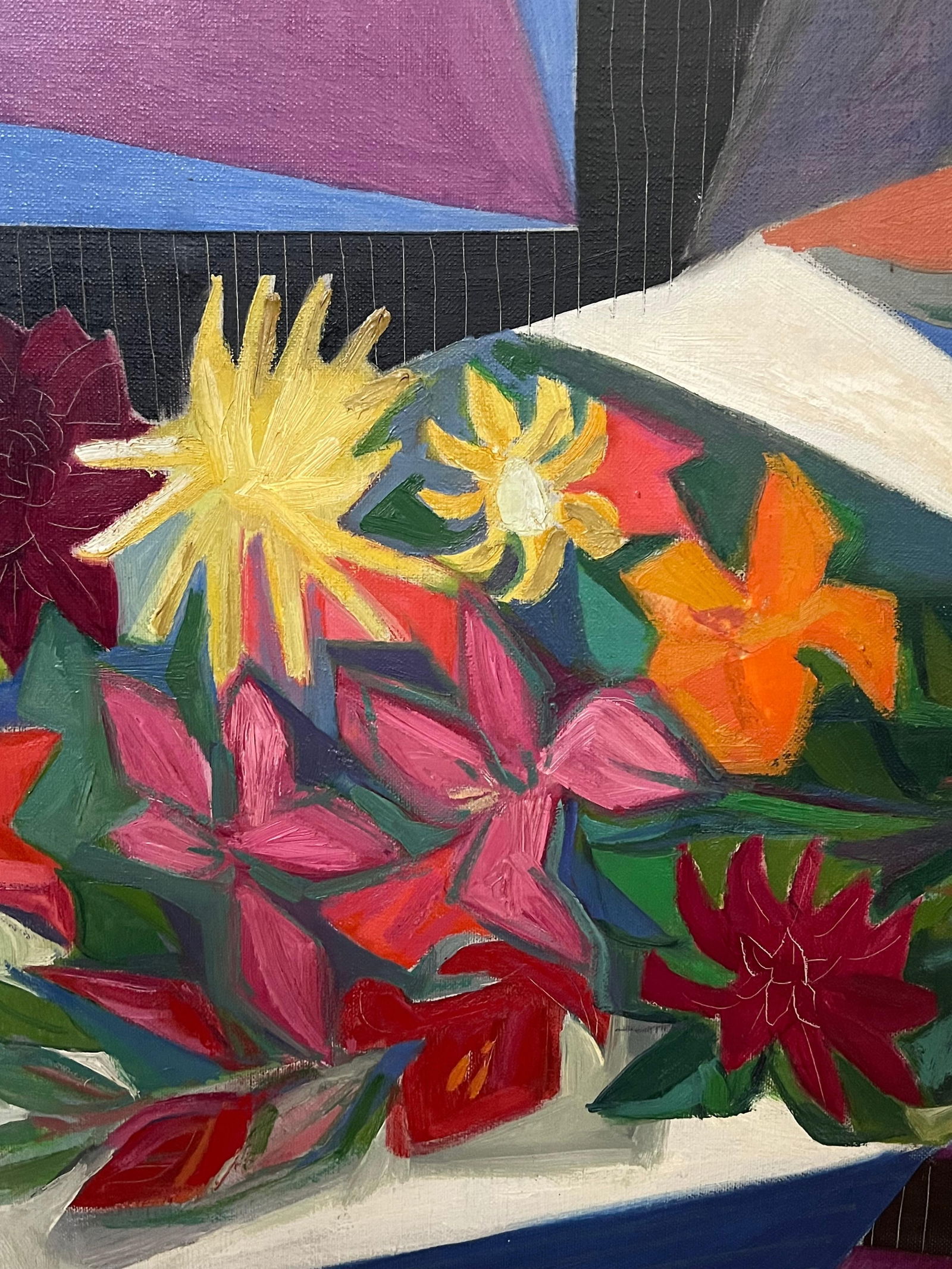 1940s French Fauvist Modernist Still Life Flowers on Table Interior Oil Painting 1946 - 6