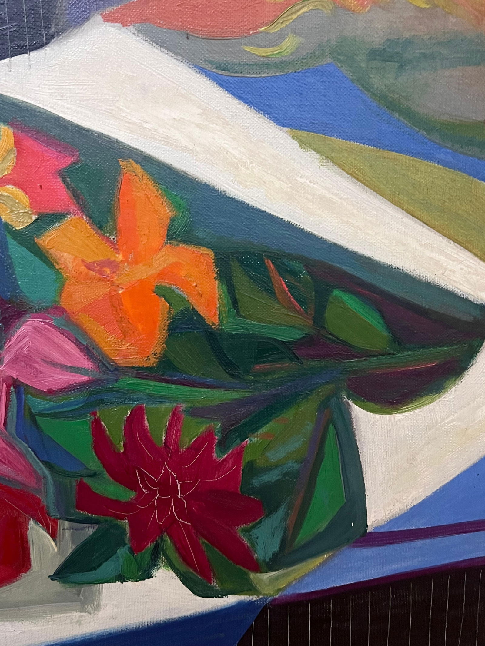1940s French Fauvist Modernist Still Life Flowers on Table Interior Oil Painting 1946 - 2