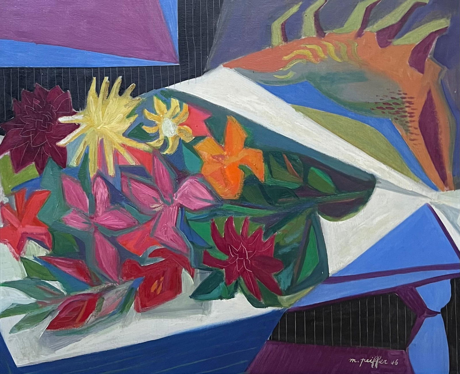 1940s French Fauvist Modernist Still Life Flowers on Table Interior Oil Painting 1946 - 4