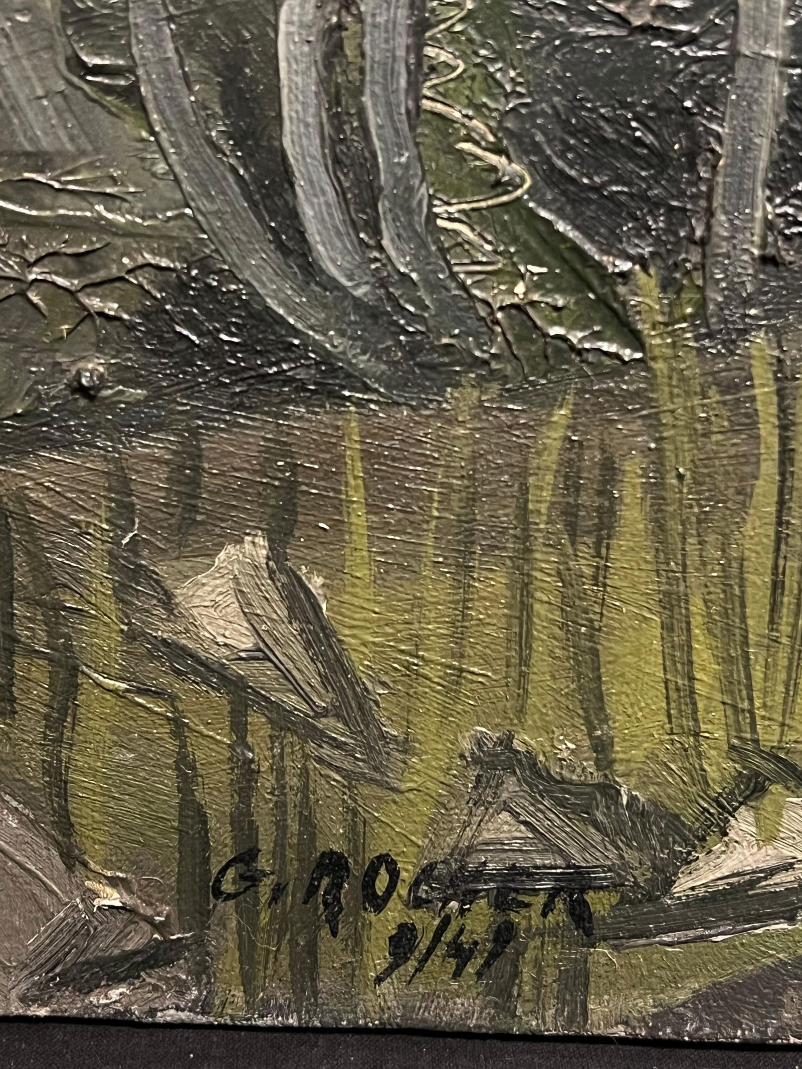 1940s French Moody Grey Green Forest Landscape French Expressionist Oil Painting 1940's - 9