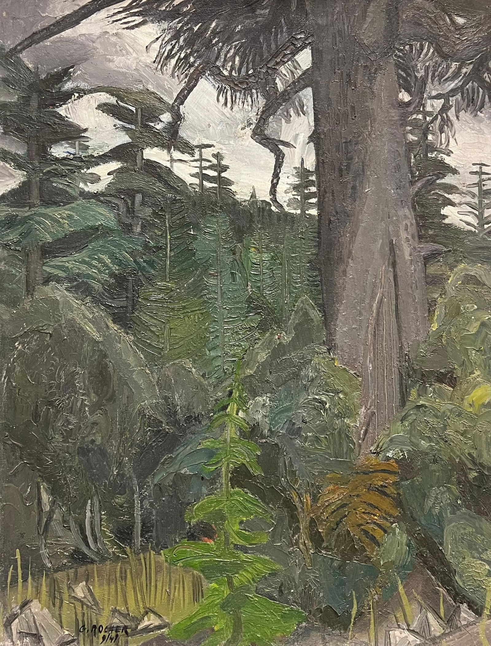 1940s French Moody Grey Green Forest Landscape French Expressionist Oil Painting 1940's - 12