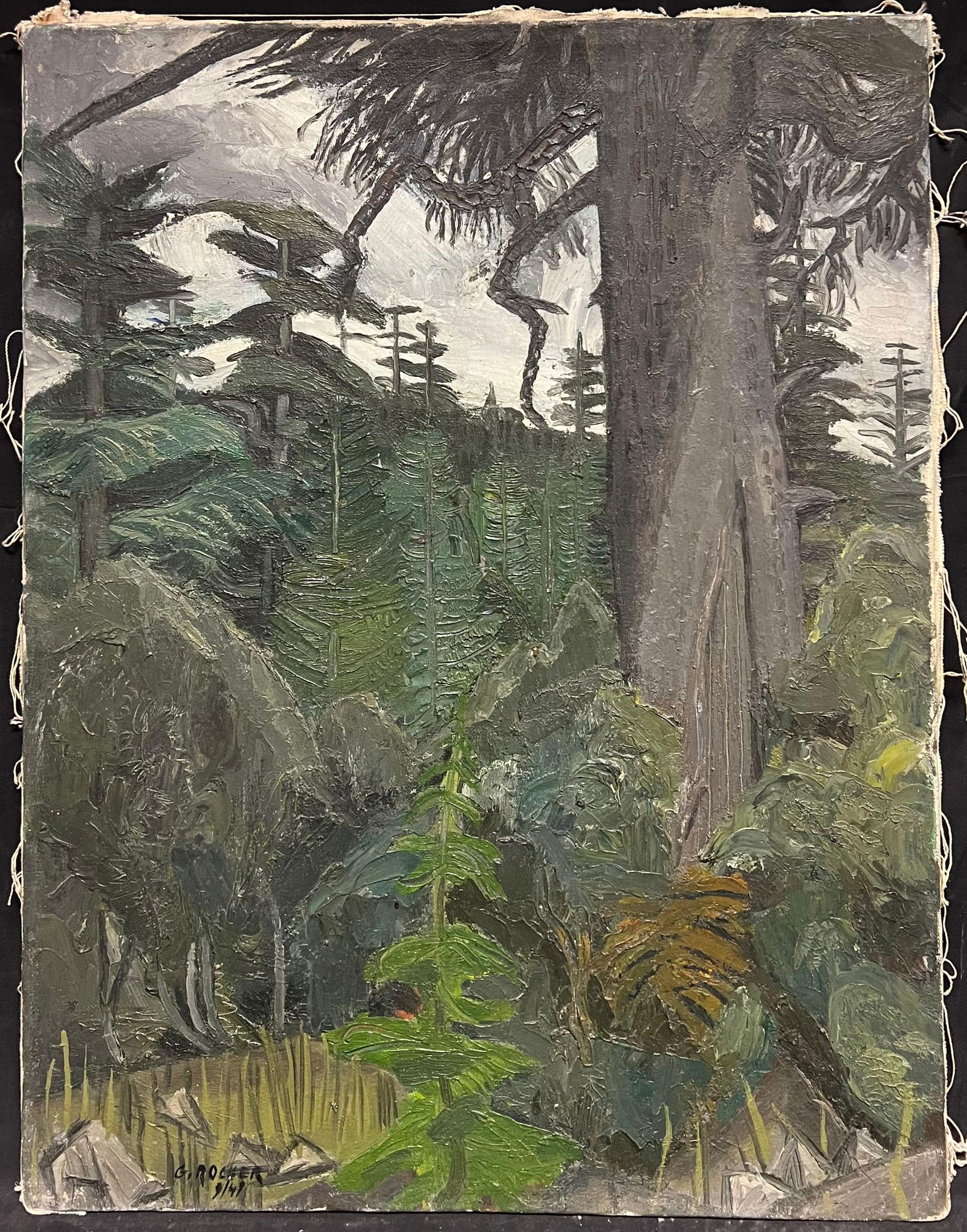 1940s French Moody Grey Green Forest Landscape French Expressionist Oil Painting 1940's - 4